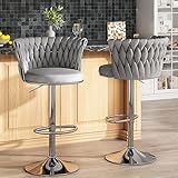 AWQM Velvet Bar Stool Set of 2,Counter Height Barstools Adjustable Kitchen Island Chairs,Swivel Bar Stool Upholstered Bar Chairs Counter Stool with Back & Footrest, Grey