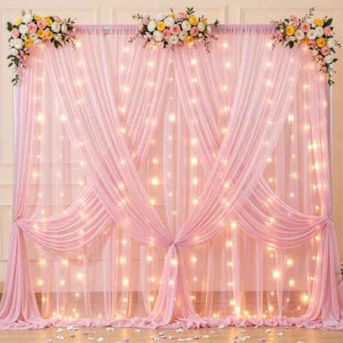 20x10ft Pink Tulle Backdrop Curtains with Lights String for Parties,Wrinkle Free Sheer Curtain with Lights Wedding Photo Backdop Drapes for Baby Shower Birthday Party Photography Home Decorations by Party Talk - Used condition - US$49.72