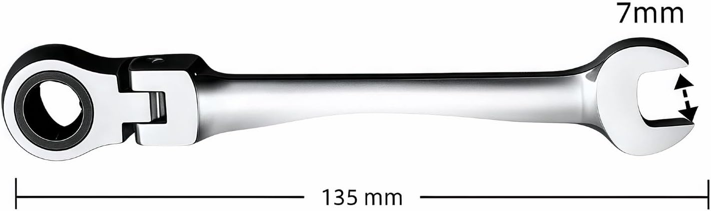 7 mm Matte Ratchet Spanner,Flex-Head Ratcheting Wrench, 72 Tooth, Metric Flexible Head Ratcheting Combination Wrench, Nickel Plated Medium Carbon Steel Open End Spanner Metric - Silver
