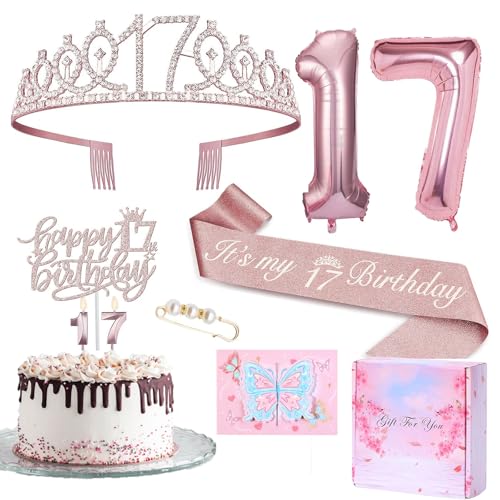 Decoración para cumpleaños de niña de 17 cumpleaños, corona y faja, decoración para tartas de cumpleaños y velas, globos de papel de aluminio de color oro rosa 17, 17. Regalo para niñas para
