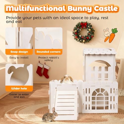 Large Rabbit House, Wooden Bunny Castle with 3 Houses Indoor, Rabbit Guinea Pig Cage Multistory Climbing Tower Sturdy Wooden Castle, Small Animal Hideaway Tunnel - Image 3