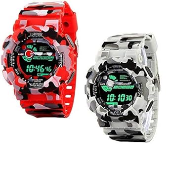 Emartos Combo of 2 Digital Multicolour Black dial Sports Mens and Boys Watch (Red, White)
