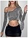SweatyRocks Women's Sparkly Off The Shoulder Crop Tops Glitter Sheer Mesh Going Out Tops Silver Small