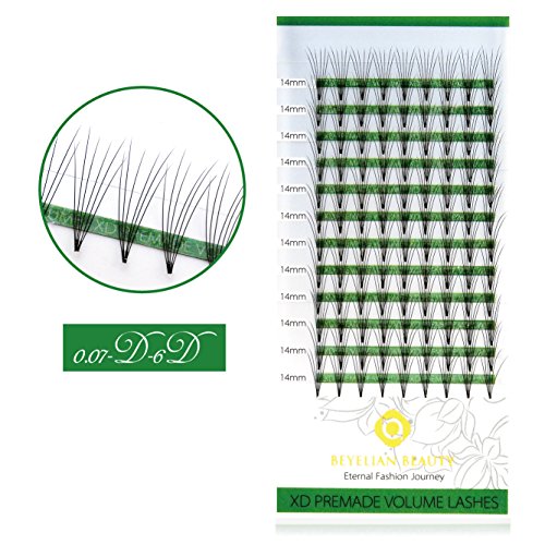 BEYELIAN Premade 6D D Curl 0.07 Thickness 14mm Eyelash Extensions Volume Fans Lashes Pre-Fanned Individual Eyelash Extension Express Lash Extensions (0.07mm 14mm D Curl 108 pcs)