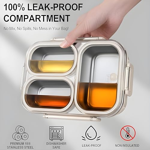 Image of Motka Premium 1000 ml 2-Compartment Bento Lunch Box | Stainless Steel Slim Tiffin | Leak-Proof Container| BPA & Odour-Free| Durable & Dishwasher Safe | Ideal for Office, Travel & School (Beige)