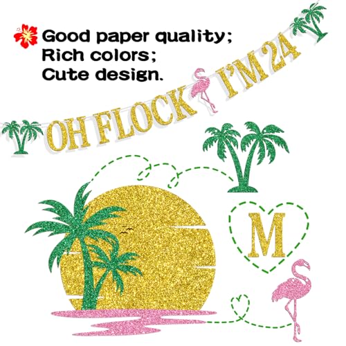 Image of Oh Flock I'm 24 Banner, Glitter Happy 24th Birthday Anniversary Party Decorations, Pineapple Party Decor, Hawaiian Luau Tropical Aloha 24 Theme Party Photo Props