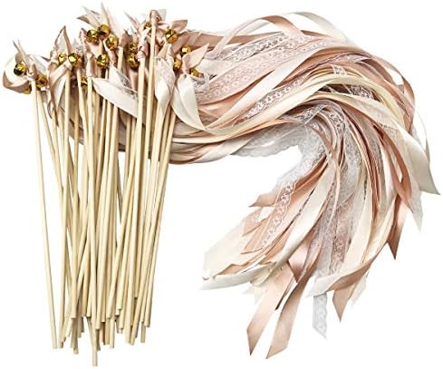Cieovo 50 Pack Ribbon Fairy Wands Wedding Streamers with Bells, Silk Fairy Stick Wand Party Favors for Party Activities Baby Shower Holiday Celebration (Champagne lace)