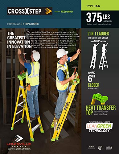 Louisville Ladder 8 ft FXS1408HD 2-in-1 Duty Rating Shelf Fiberglass Cross Step Ladder 375 lb Type IAA, 8', Yellow