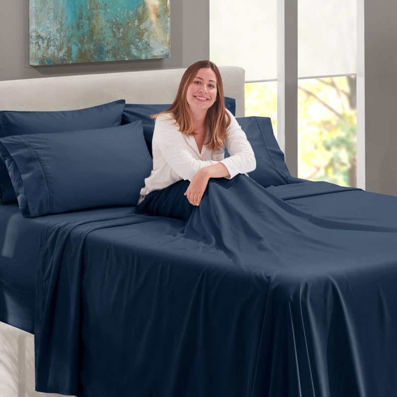 Image of BEVI - Home Premium Solid Plain Single Bedsheet with 1 Pillow Cover 300 TC Microfiber for Single Bed | Size (60 inch x 90 inch) Navy Blue