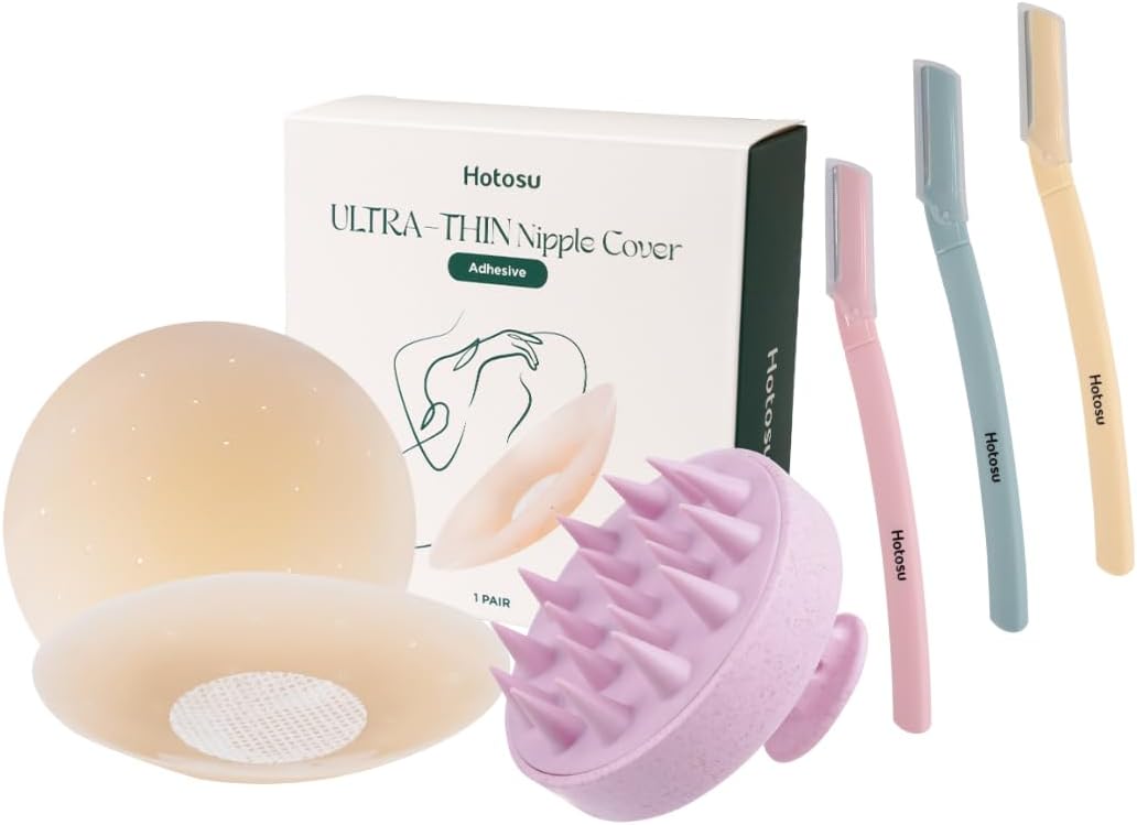 3-in-1 Beauty Essentials Bundle – Ultra-Thin Reusable Nipple Covers, Scalp Massager for Hair Growth & Dermaplaning Eyebrow Razors for Smooth Skin, Healthy Scalp & Natural Coverage