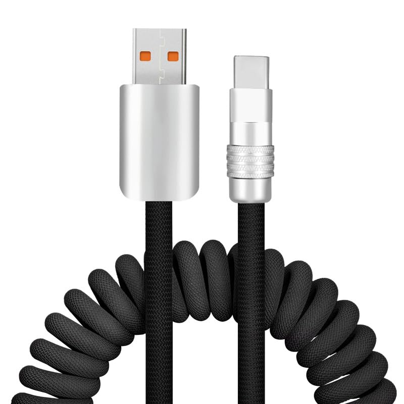 GentsStride Curly Chubby - Cable de carga rápida retráctil duradero USB A a tipo C, conector de puerto para teléfonos, tabletas y más, negro, tipo C