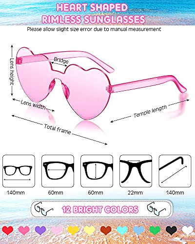 Photect 12 Pairs Heart Shaped Rimless Sunglasses Colorful Heart Glasses Transparent Heart Sunglasses Party Favors (Basic Colors) #TOP1