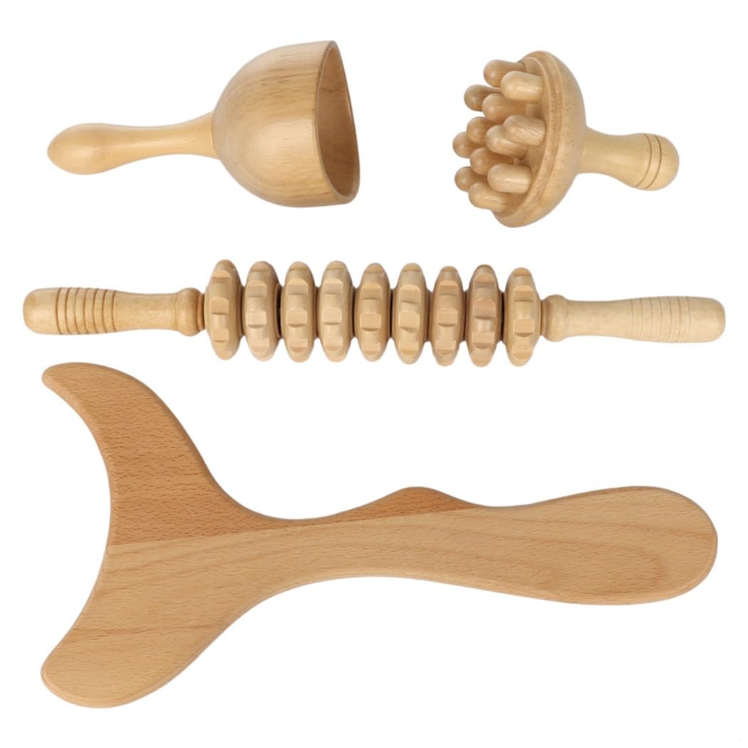 KIT COMPLETO IN LEGNO Maderoterapia Set 4 Pezzi con Tavola Contouring, Coppa, Rullo, Massaggiatore Funghi per Sollievo Muscolare & Salute Linfatica