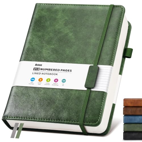 Lined Hardcover Leather Journal Notebook: 312 Numbered Pages & Content 100GSM Thick Paper Journaling Notebooks for Women Men, College Ruled Journals Note Book for Business Work Writing Diary A4, Green