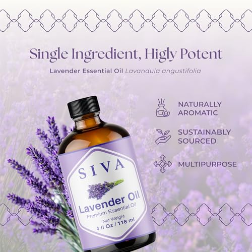 Siva Lavender Essential Oil - 4 Fl Oz – 100% Natural Lavender Oil - for Diffuser, Face, Skin Care, Aromatherapy, Hair Care, Scalp and Body Massage - with Dropper