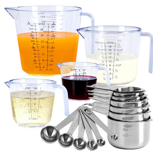 7x Stainless Steel Measuring Cups with 6x Measure Spoons Set,4x Py&Rex Plastic liquid Measurings Cups for Liquids,Kitchen Gadgets for Cooking & Baking Utensils Christmas Gift (17Pcs)