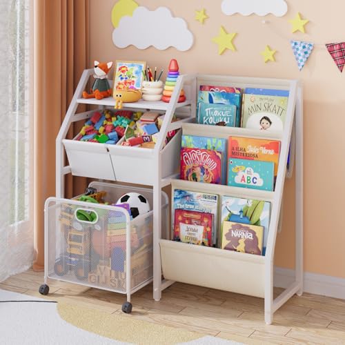Image of Kids Bookshelf and Toy Storage Organizer - 3 Tier Book Shelf with Movable Drawer, Kids Bookcase with 2 Toy Bins, Toddler Baby Children's Bookshelf, for Bedroom, Playroom, Classroom (White)