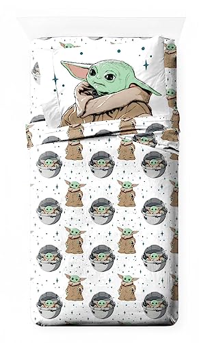 Jay Franco Star Wars The Mandalorian Curious Child 100% Cotton 3 Piece Single Sheet Set - Includes Fitted Sheet, Flat Sheet & Pillowcase