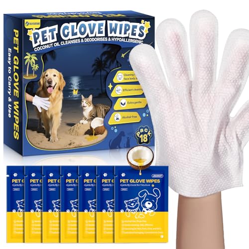 Pet Glove Wipes for Dogs and Cats, Deodorizing and Cleaning Gloves, Hypoallergenic Coconut Oil Grooming Wipes, Individually Wrapped Dog Bath Wipes, for Pet Dry Cleaning, Daily Care and Travel, 18 Pcs