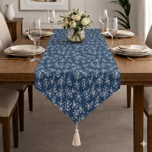 Image of STITCHNEST Woven Table Runner 13x72 Inches | Blue Floral Design | Tassel Finish | Modern Dining Table Decor