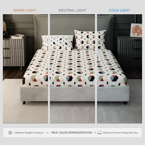 Image of BLISSHOME SoftTouch 150TC Cotton King Size Fitted Bedsheet with 2 Pillow Covers, Silky Smooth Bedding Set, Breathable, Easy Maintain, Geometric Pattern - Cream (183cm x 198cm + 25cm Drop)