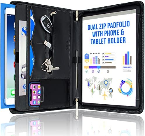 STYLIO Zippered Padfolio Portfolio Binder, Faux Leather Organizer. Interview Resume Document Holder. Organizer for iPad/Tablet (up to 10.5"), Phone & Business Cards. Data Case w/ Letter-Sized Notepad