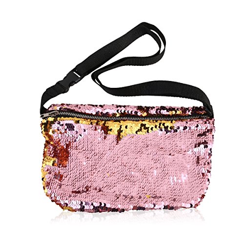 OULII Sac de sport, sac décontracté, sac porté à la ceinture, à paillettes bicolores, cadeau de Saint-Valentin pour femmes et jeunes filles (or + rose)