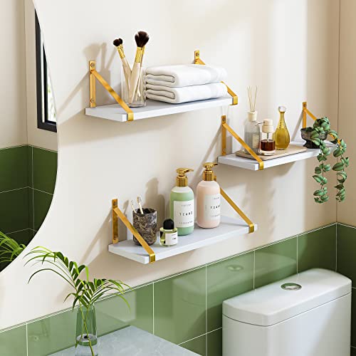 Fixwal White Floating Shelves, Wall Mounted Bathroom Shelves Set Of 3, Farmhouse Wall Decor For Bedroom, Kitchen, Living Room And Plants (Gold Bracket) #TOP5