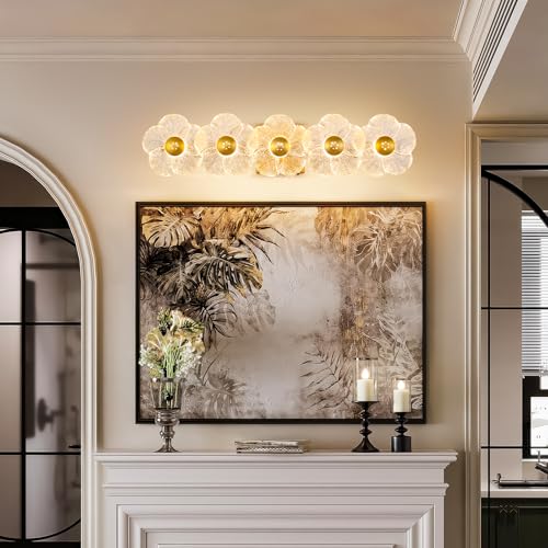 Image of MantoLite 26.7'' Bathroom Light Fixtures Modern Vanity Light Over Mirror Adjustable 3000K-6000K Picture Lights Art Light with Floral Clear Glass Shades for Living Room Bedroom (5 Light Gold)