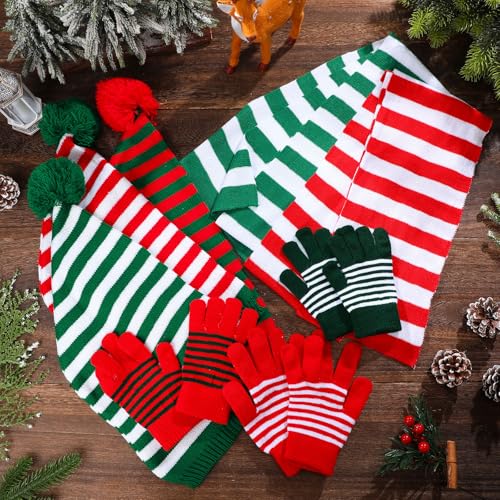 Geyoga 18 Pcs Christmas Winter Knitted Hat Scarf Gloves Set, Santa Hats for Adults Xmas Beanie with Pom Bulk Long Knit Scarf Gloves for Women Men4