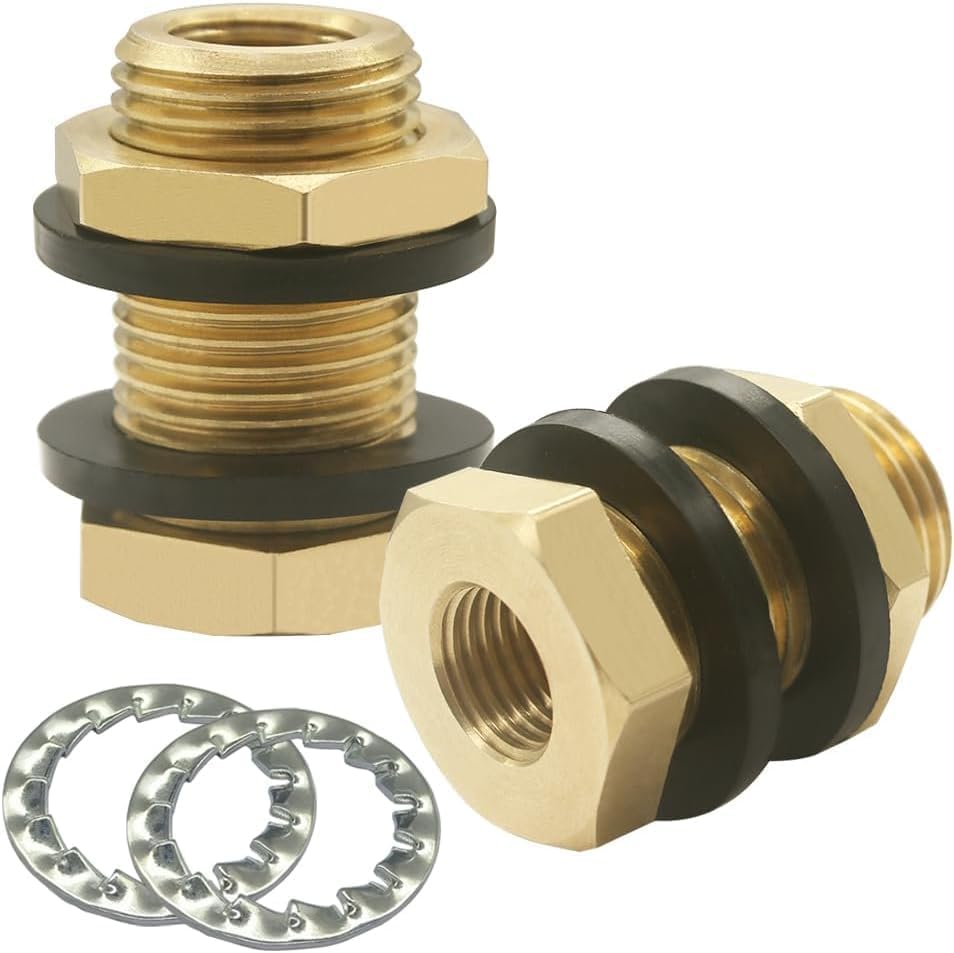 2PCS Brass Bulkhead Fitting 1/4" NPT Female Coupling and 1/2" Male Straight Thread 35mm Extending Water Tank Connector