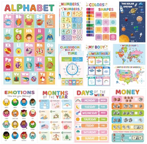 Image of 16 Educational Posters for Toddlers, Laminated Classroom Learning Posters, Kindergarten Classroom Must Haves, Preschool Homeschool Supplier Materials Alphabet Number Chart Classroom Wall Decor (New version, no printing errors)