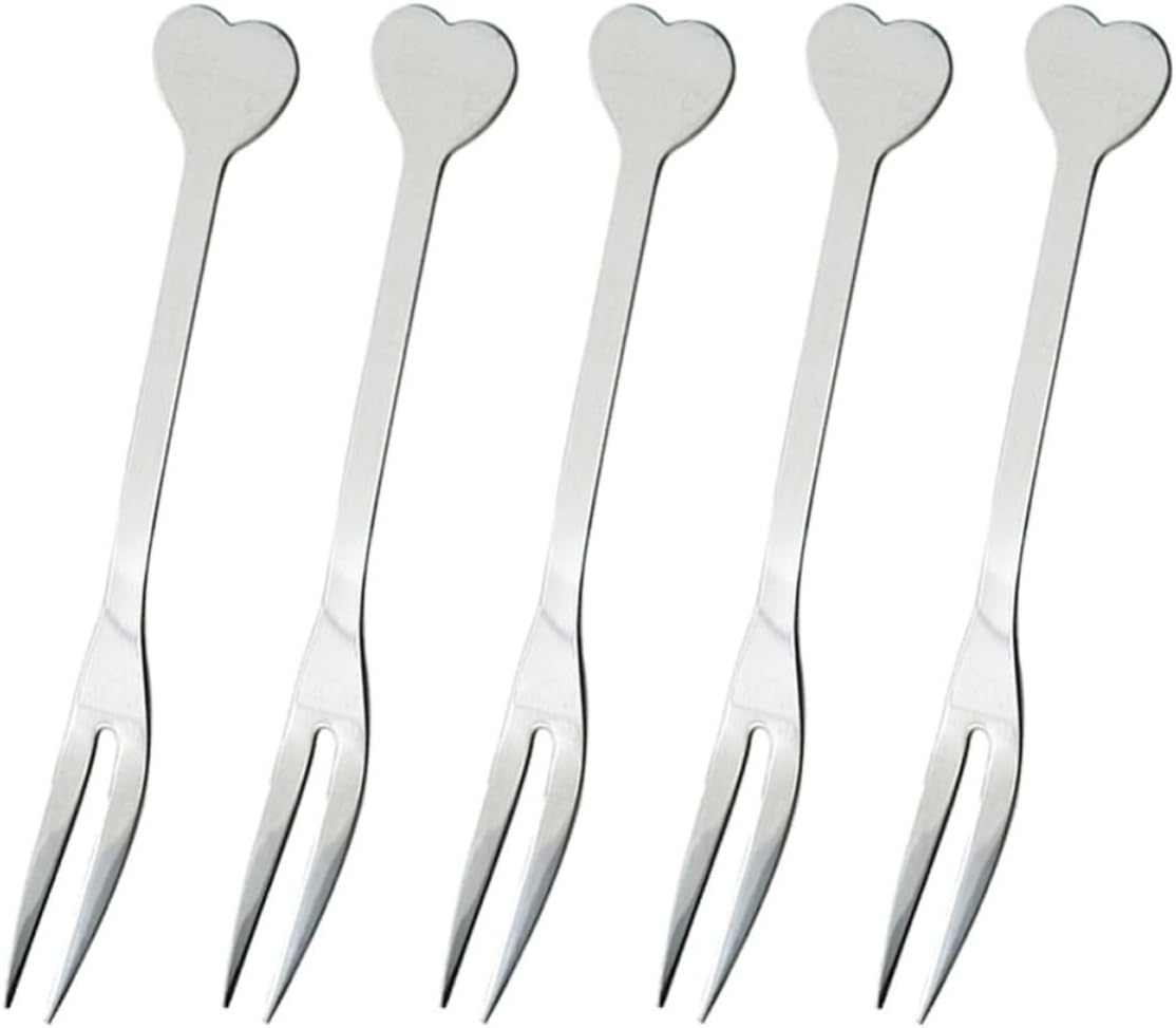 Stainless Steel Fruit Forks, 2 Prong 5pcs Mini Heart Shape