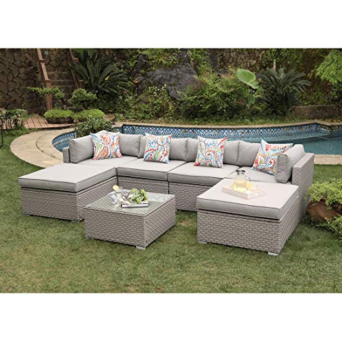 Cosiest 7-Piece Outdoor Furniture Warm Gray Wicker Family Sectional Sofa W Thick Cushions, Glass Top Coffee Table, 2 Ottomans, 4 Floral Fantasy Pillows For Garden, Pool, Backyard #TOP2