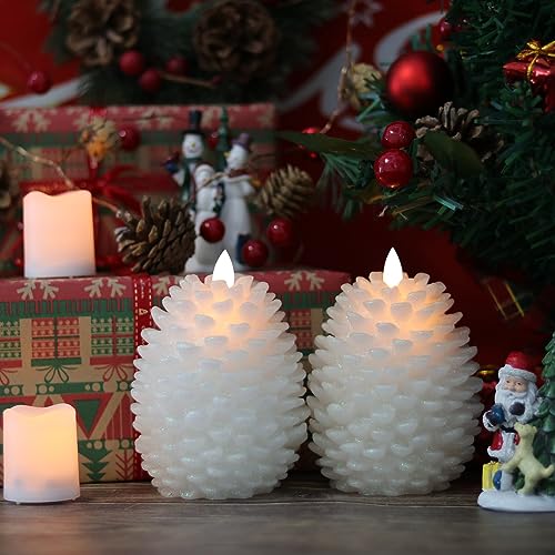 Image of Wondise Pine Cone Flameless Flickering Candles with Remote and Timer, Set of 2 Battery Operated LED Candles Real Wax Christmas Home Decoration Candle(3.5 x 4.7 Inches, White)