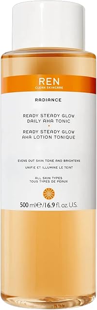 REN Clean Skincare Ready Steady Glow Daily AHA Tonic | Facial Brightening Toner | Exfoliate, Hydrate & Even Skin Tone with AHAs & BHAs | Tighten & Reduce Pores | Cruelty Free & Vegan
