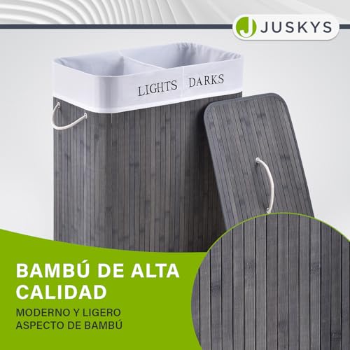 Juskys Cesto para la ropa de bambú rizado 100 litros en gris - Cubo para la ropa con tapa, asa y 2 compartimentos - Bolsa para la ropa de tela, extraíble y lavable - imagen 6
