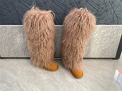 FurinFashion Over Knee High Mongolian Fur Boots Laides Boot with True Tibetan Fluffy Hairy Big Long Curly Hair For Girls Woman's Women Adults Size Skinning Winter Snowing Warm Shoes Flat Boots Blue Grey Pink Color (7, Khaki)4