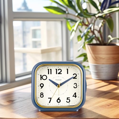 Image of Tinload 4.3 inch Vintage Retro Analog Alarm Clock, Super Silent Non Ticking Clock with Manual Light, Snooze, Battery Operated, Simply Design, for Living Room, Bedroom, Bedside, Desk(Blue-V2)
