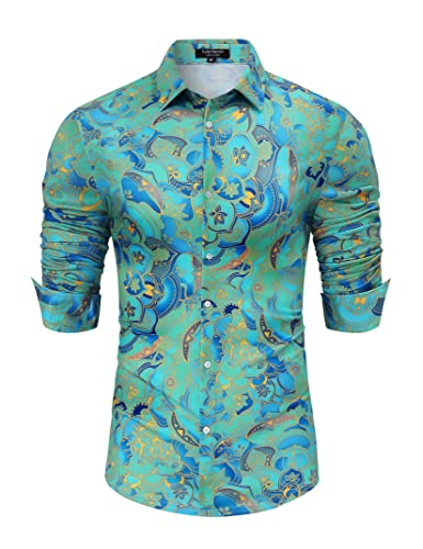 Turetrendy Men's Paisley Floral Dress Shirt Long Sleeve Slim Fit Button Down Shirts For Prom Wedding Party, Blue Green 3Xl #TOP1