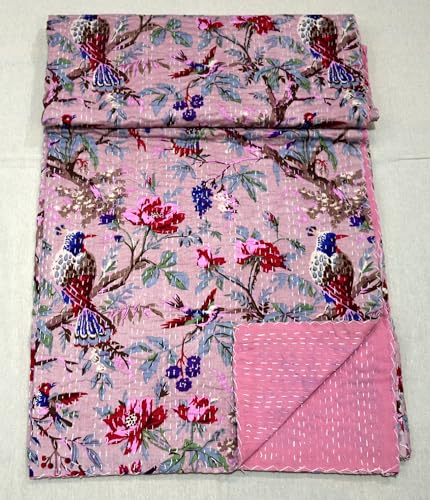 Arprani Handmade Quilts of India Cotton Quilts Queen Size Pure Cotton Kantha Quilt Indian Cotton Bedding Bedspread Breathable Bedding Set for All Seasons (Pink, Queen)