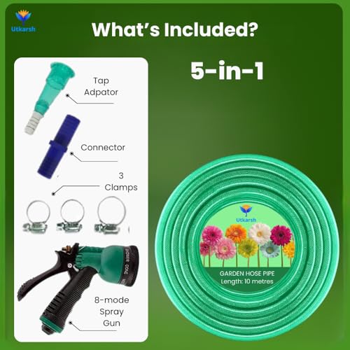Image of Utkarsh Heavy Duty PVC Braided Water Hose Pipe - 10 Meter / 0.5 inch, with 8-Mode Spray Gun, 1 Tap Adapter, Connector & 3 Clamps for Garden, Car Wash, Floor Clean, Pet Bath, Indoor /Outdoor (32.8 ft)
