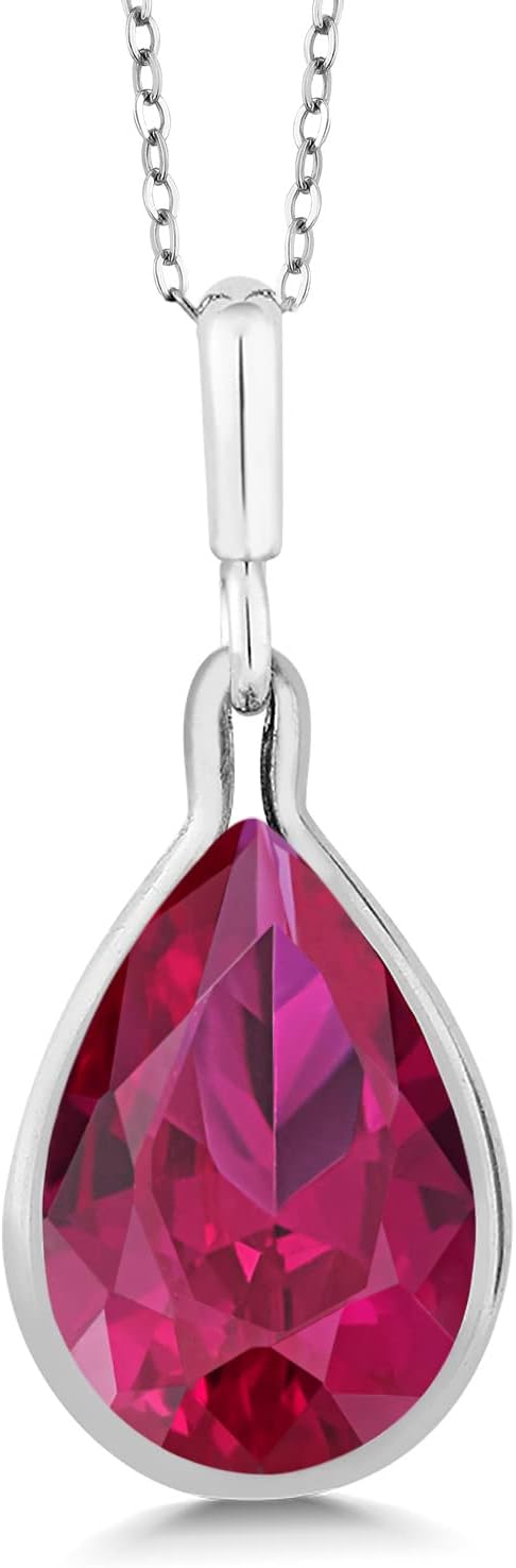 Gem Stone King9.62 Cttw Red Created Ruby Pendant Necklace For Women In 925 Sterling Silver | Pear Shape 16X12MM | With 18 Inch Silver Chain