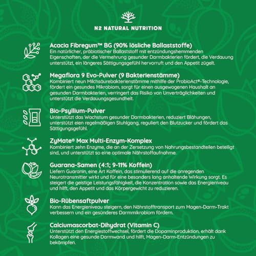 Flohsamenschalen Komplex Verdauungsenzyme + Ballaststoffe + Vitamin C. Darmbakterien für Stoffwechsel und Darmflora Aufbau. Nahrungsergänzungsmittel. Vegan. N2 Natural Nutrition