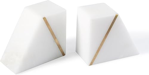 Miniatura 9 de Sujetalibros de mármol natural para estantes, extremos decorativos para libros pesados, soportes de libros de piedra blanca y dorada modernos de