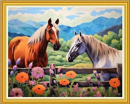 Image of DMCVIVR Stamped Cross Stitch Kits for Beginners Adults Needlepoint Kits for Beginners Embroidery Kits for Adults Crossstitch Kit for Beginners 11CT-Horse Flower 16x20 inch