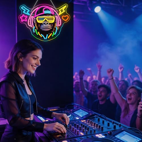 Image of Music Gorilla LED Neon Sign Headphone Monkey Light for Game Wall Decoration | 16.59IN*11.8IN,Five level brightness adjustment,USB power,For Bar,Club,Pub,Men Cave,Living room,Bedroom,Restaurant,Party