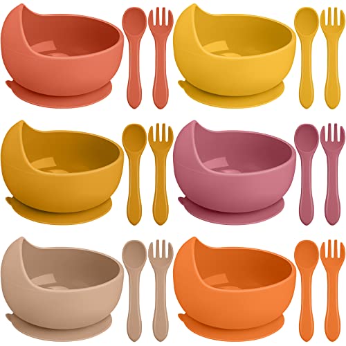 Image of Yaomiao 6 Sets Silicone Suction Bowls with Spoons Forks for Baby Toddler Utensils Silicone Baby Feeding Set Non Slip Food Bowl Inwardly Curved Dishes Baby Eating Supplies, 6 Colors (Lively Color)