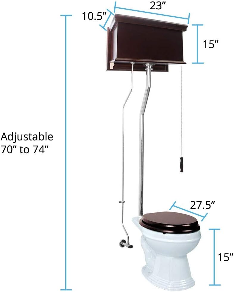 Review Renovators Supply Manufacturing Dark Oak Flat Panel High Tank Pull Chain Toilet with Black China Elongated Toilet Bowl and Chrome Z-Pipe