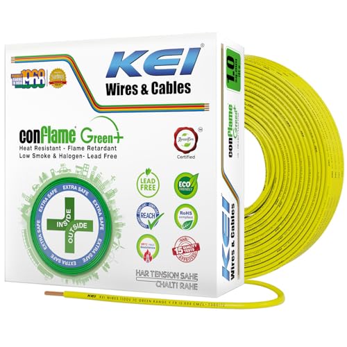 Image of KEI CONFLAME GREEN PLUS 1 sqmm 1 Core, 99.97% Pure Copper Conductor,FRLSH - Lead Less Insulation House Wire Suitable for Domestic & Industrial Electrical Wiring (Yellow, 180 Meters)